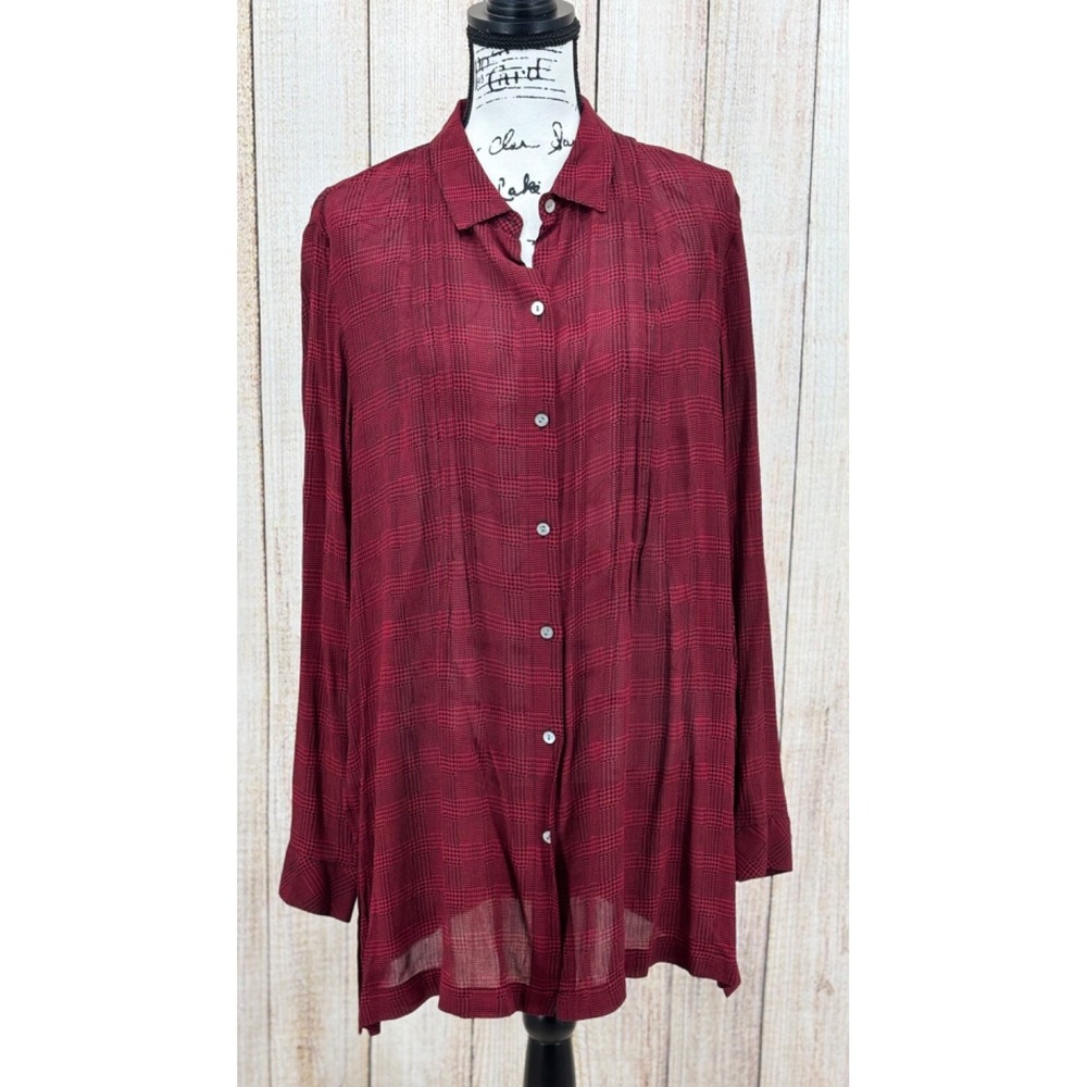 J. Jill Blouse Women's Large Red Ruby Pow Button Up Long Sleeve‎ Houndstooth NWT